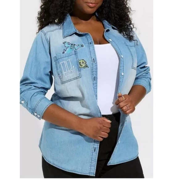 Torrid Disney Pixar Monsters Inc Sully Mike Button Up Chambray Denim Shirt 3X - Picture 2 of 4